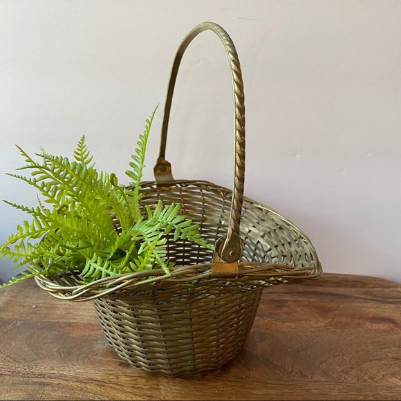 Metal Woven Gathering Basket Gold Brass Vintage